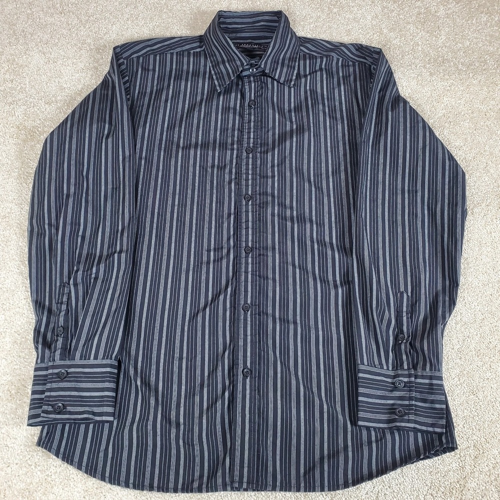 US Expedition Men's Button Up Shirt Black and Silver Stripe‎ Long Sleeve Size M